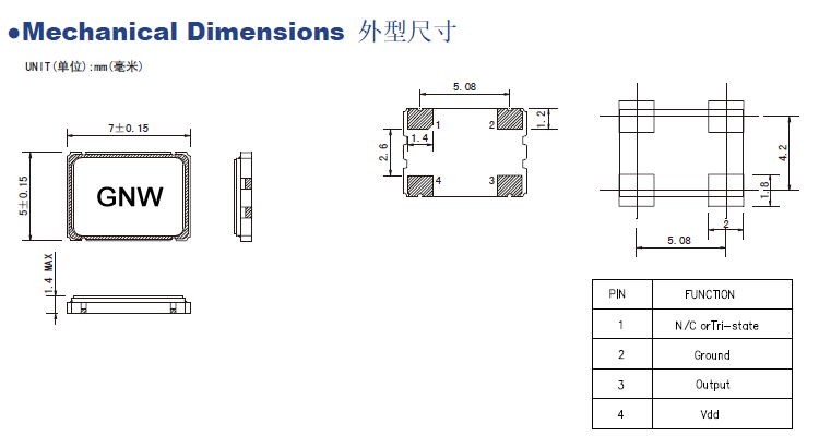 晶振SMD7050封装尺寸及参数介绍 晶振SMD7050封装尺寸及参数介绍