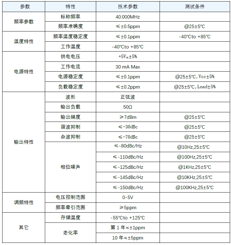 低相噪VC-TCXO压控温补晶振40MHz  &plusmn;0.1ppm规格参数